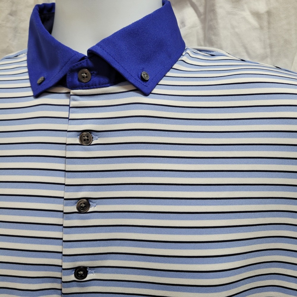 Greyson Polo Shirt Mens Medium Blue White Striped Golf Performance Button Down - Picture 3 of 7